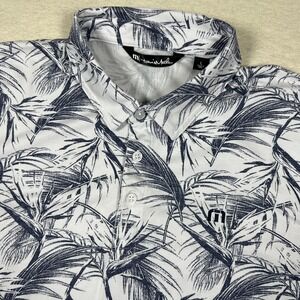 Travis Mathew Polo Shirt Mens Large White Blue Palm Print Pima Cotton Golf Aloha